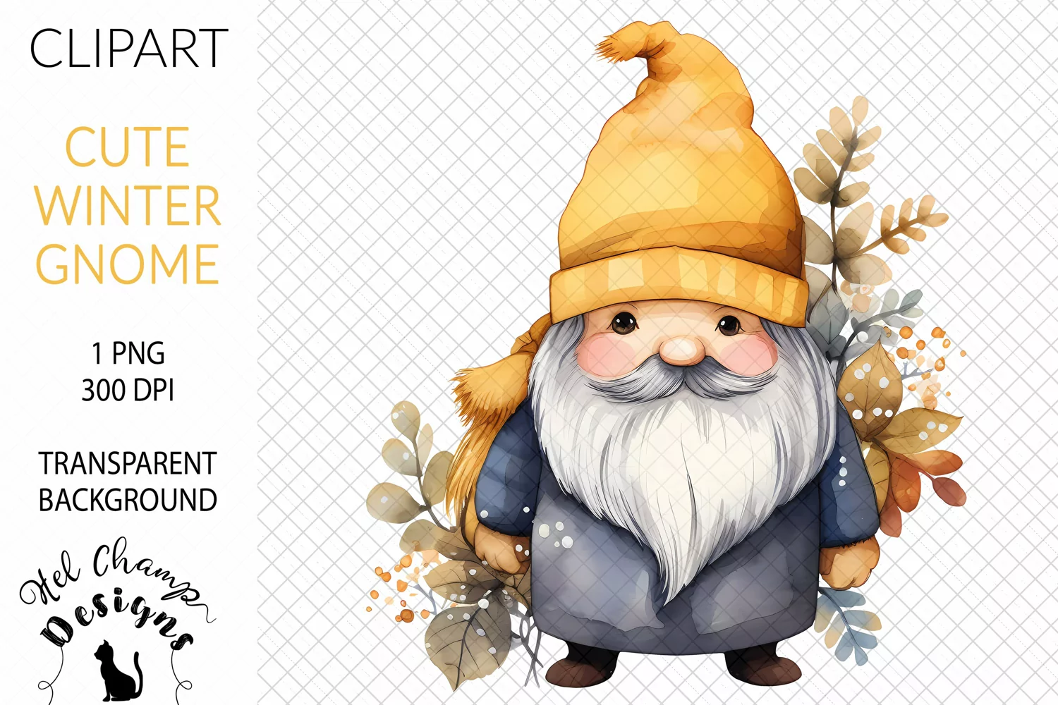 Watercolor winter gnome yellow sublimation clipart transparent png