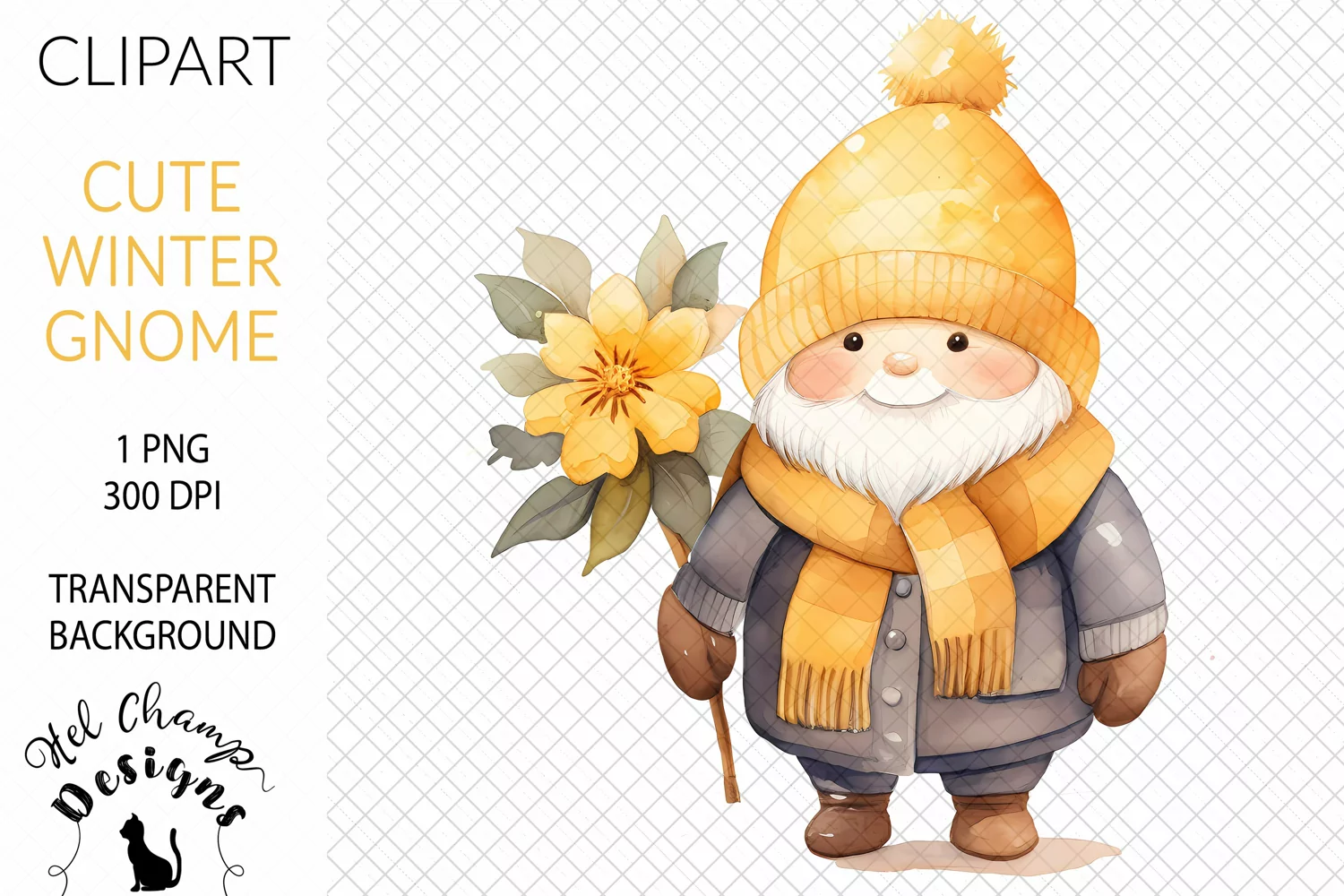 Watercolor winter gnome yellow sublimation clipart transparent png