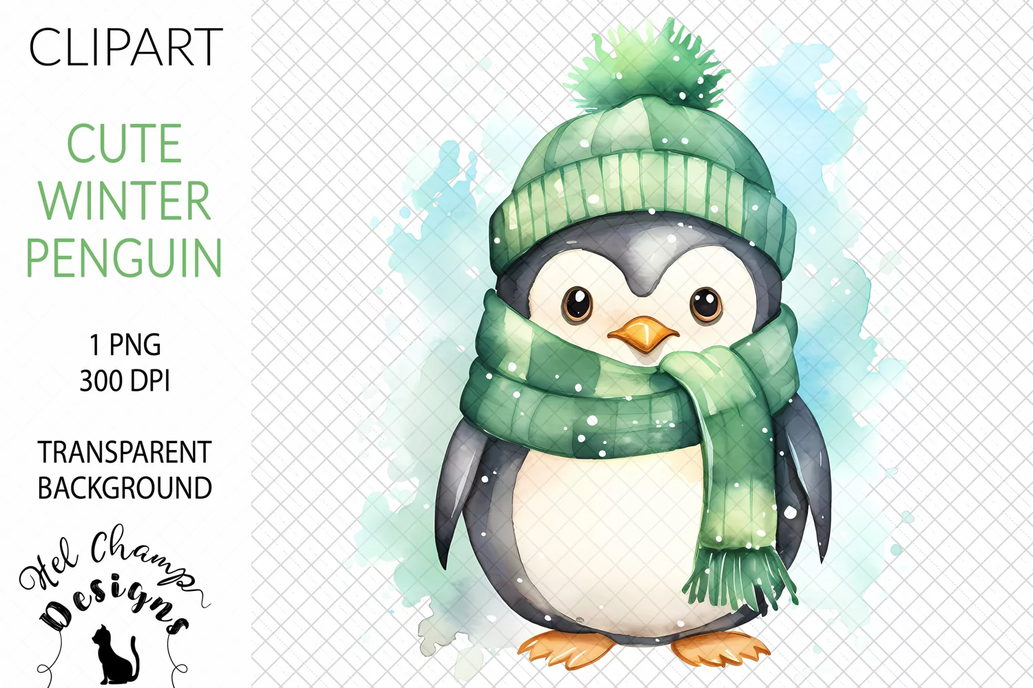 Watercolor winter penguin green scarf sublimation clipart transparent