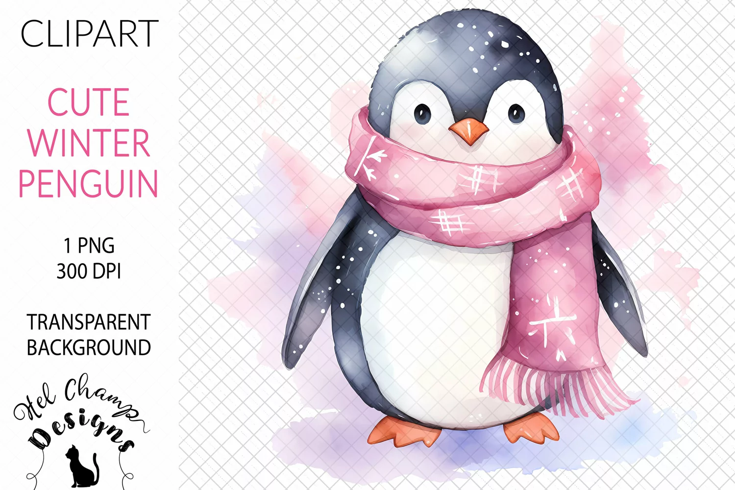 Watercolor winter penguin pink scarf sublimation clipart tranparent