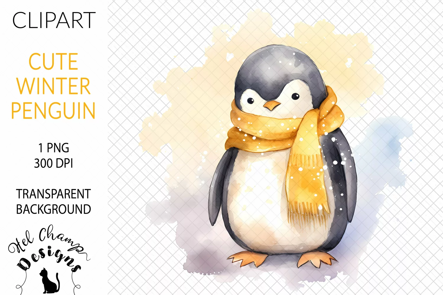 Watercolor winter penguin yellow scarf sublimation clipart tranparent