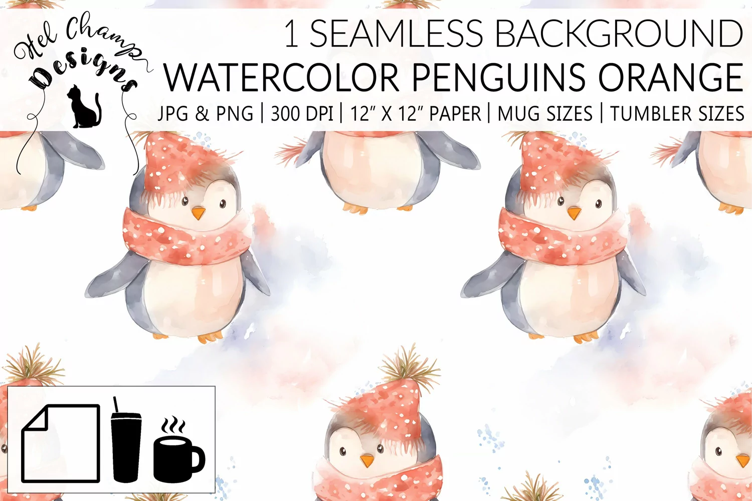 Watercolor winter penguins orange scarf scrapbooking papers origami sublimation mug tumbler 1