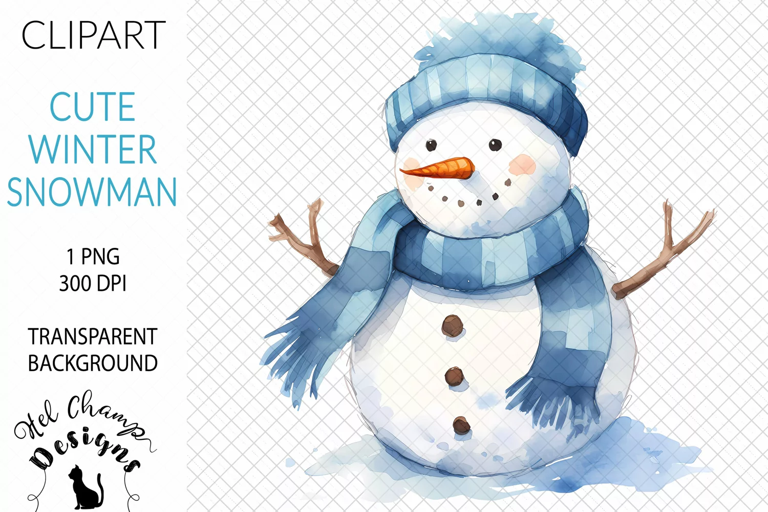 Watercolor winter snowman blue scarf hat sublimation clipart transparent