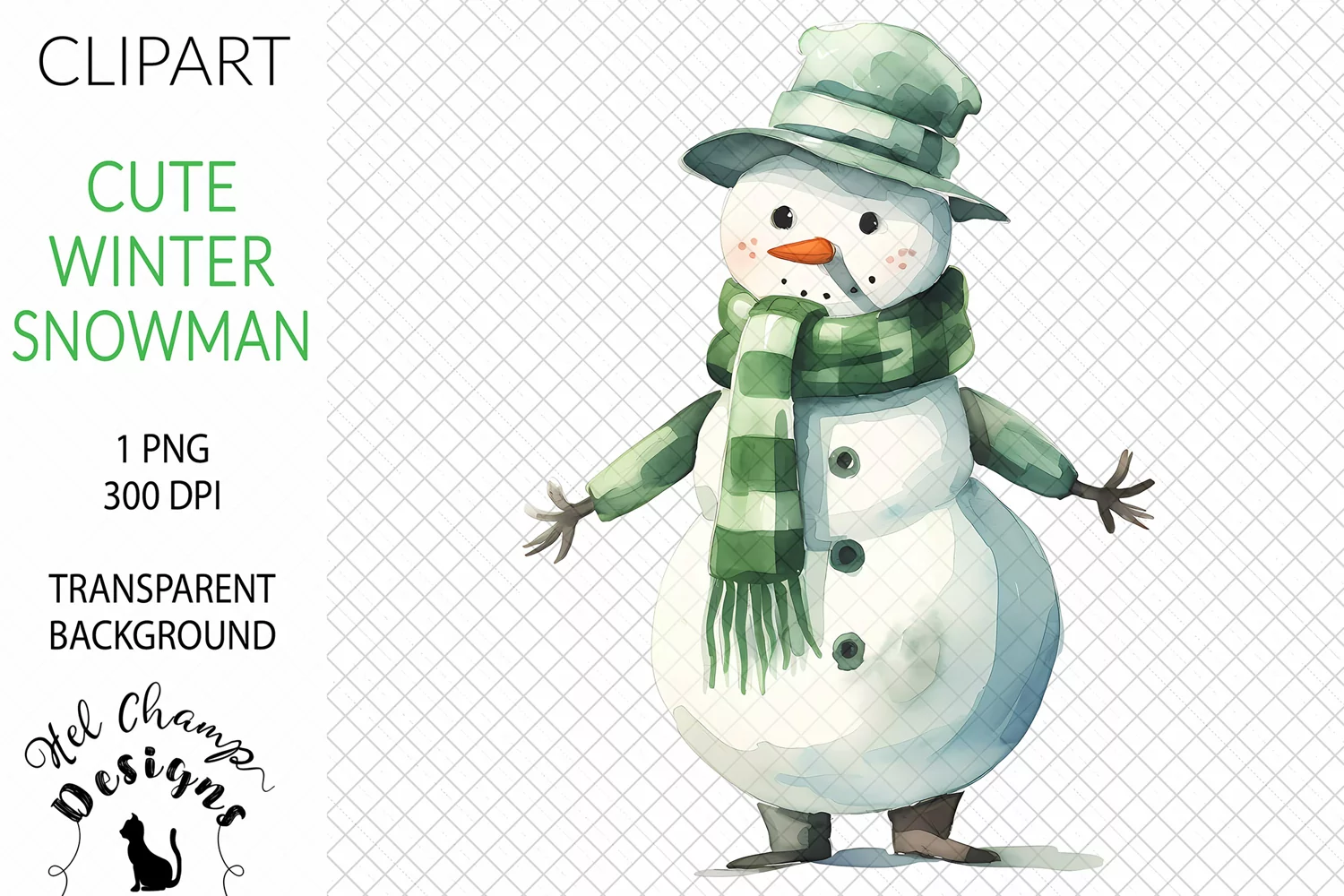 Watercolor winter snowman green scarf hat sublimation clipart transparent
