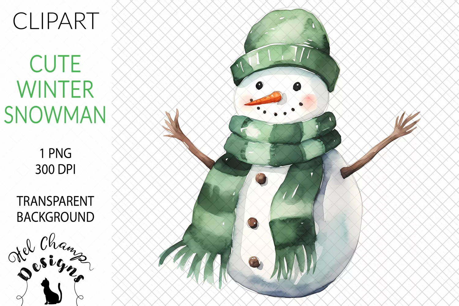 Watercolor winter snowman green scarf hat sublimation clipart transparent