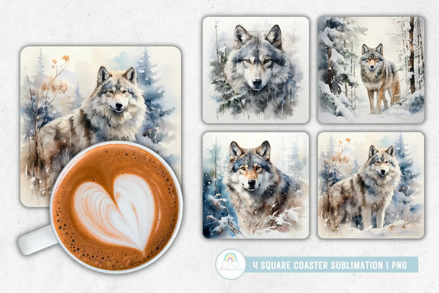 Watercolor Winter Wolf Coaster Sublimation product image 1