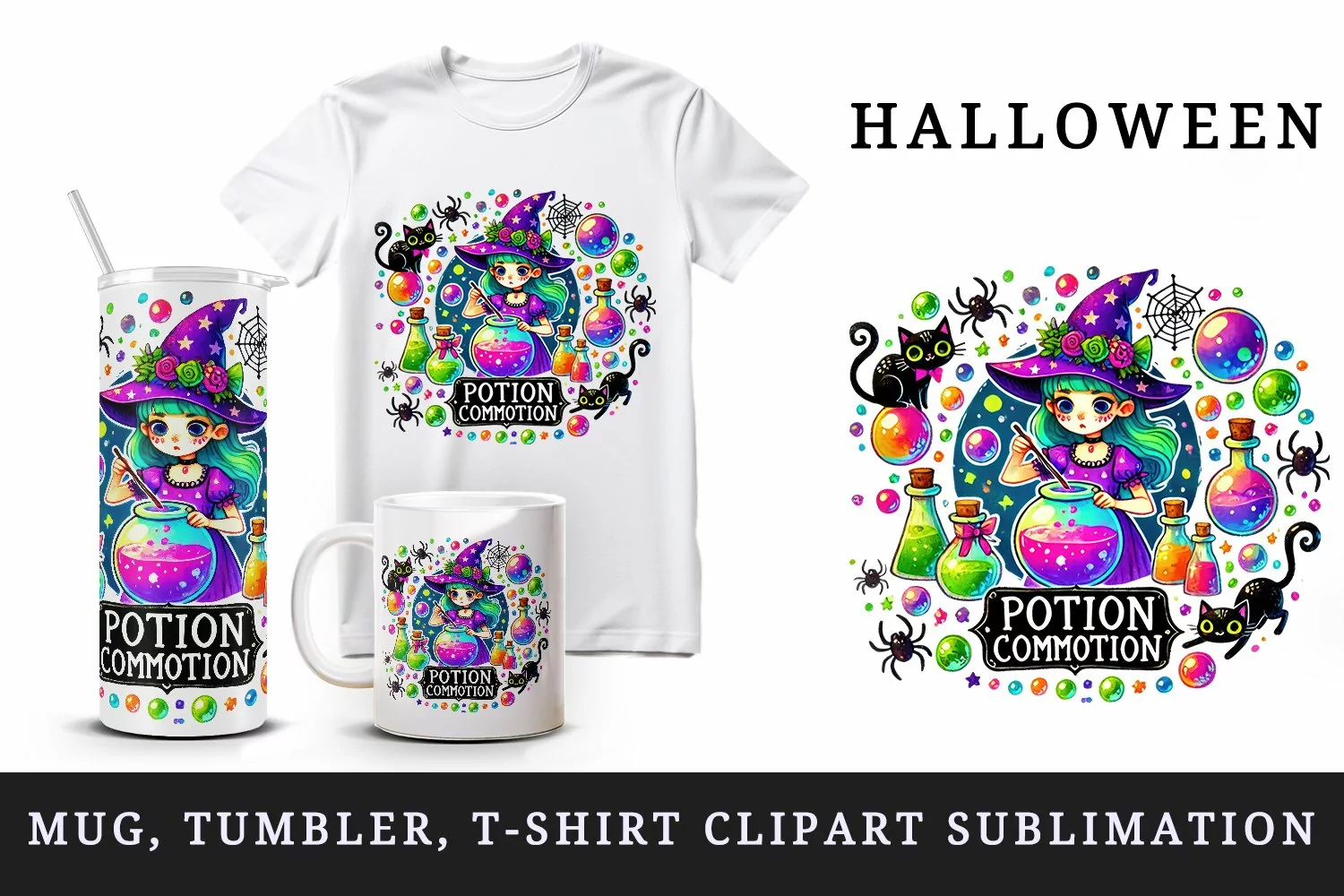 Watercolor witch brewing bubbles black cat Potion Commotion quote Halloween print tumbler skinny mug wrap clipart t-shirt sublimation printable design