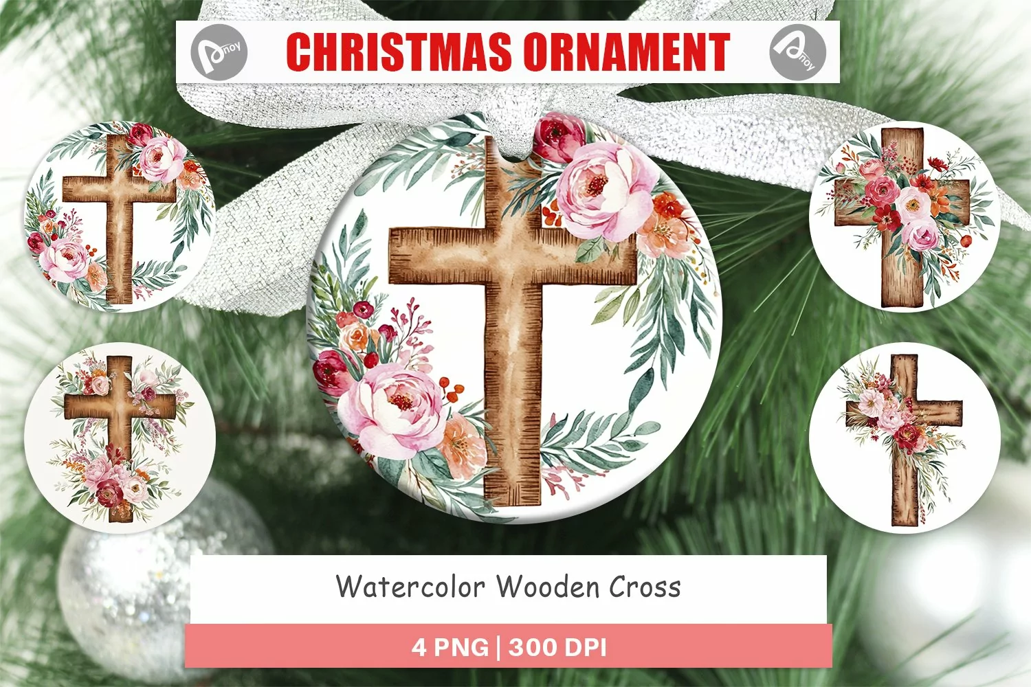Christmas Ornaments Watercolor Wooden Cross product image 1