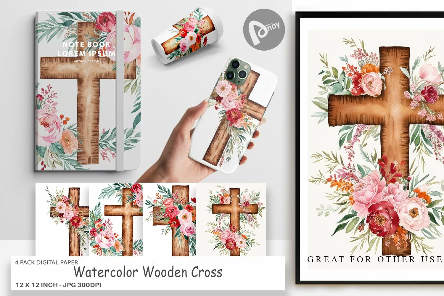 Digital Paper Watercolor Wooden Cross product image 1