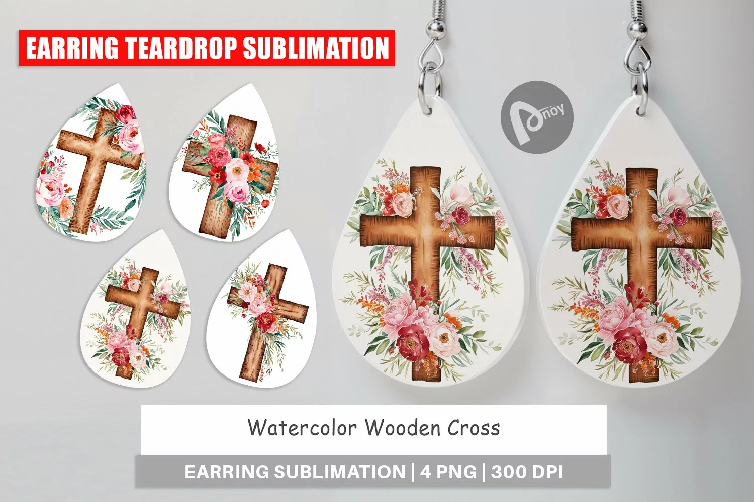 Earring Teardrop Watercolor Wooden Cross product image 1
