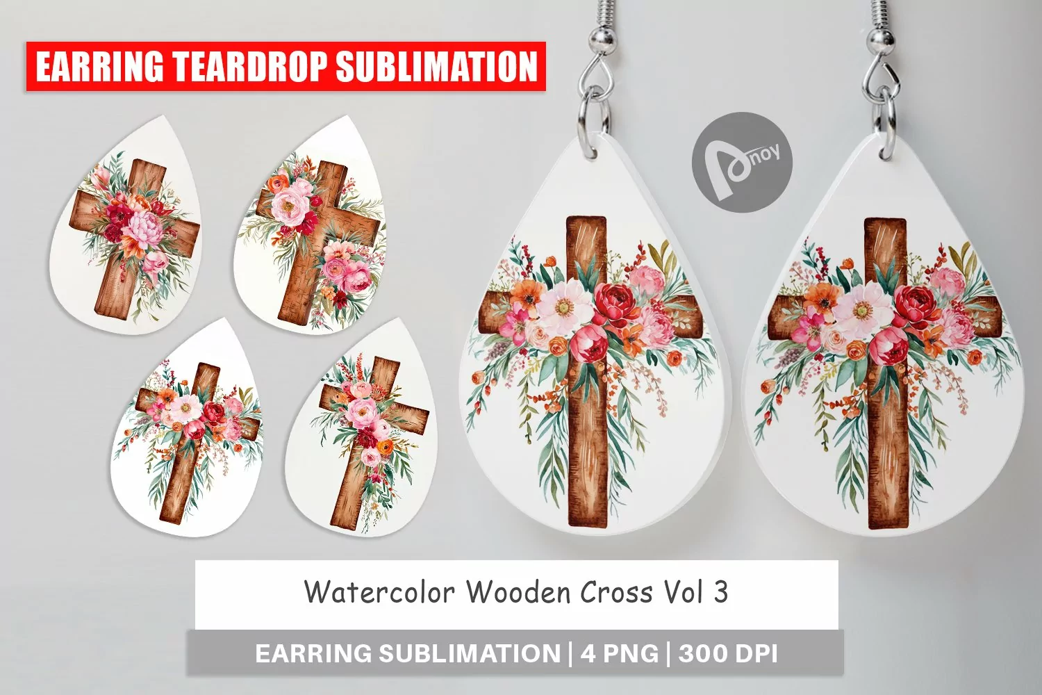 Earring Teardrop Watercolor Wooden Cross product image 1