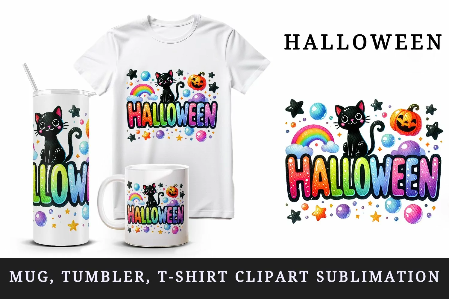 Watercolor word Halloween in bubbly colorful letters black cat stars quote print tumbler skinny mug wrap clipart t-shirt sublimation printable design