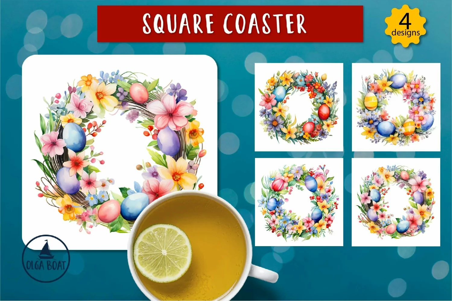Watercolor wreath coasters  Easter sublimation design