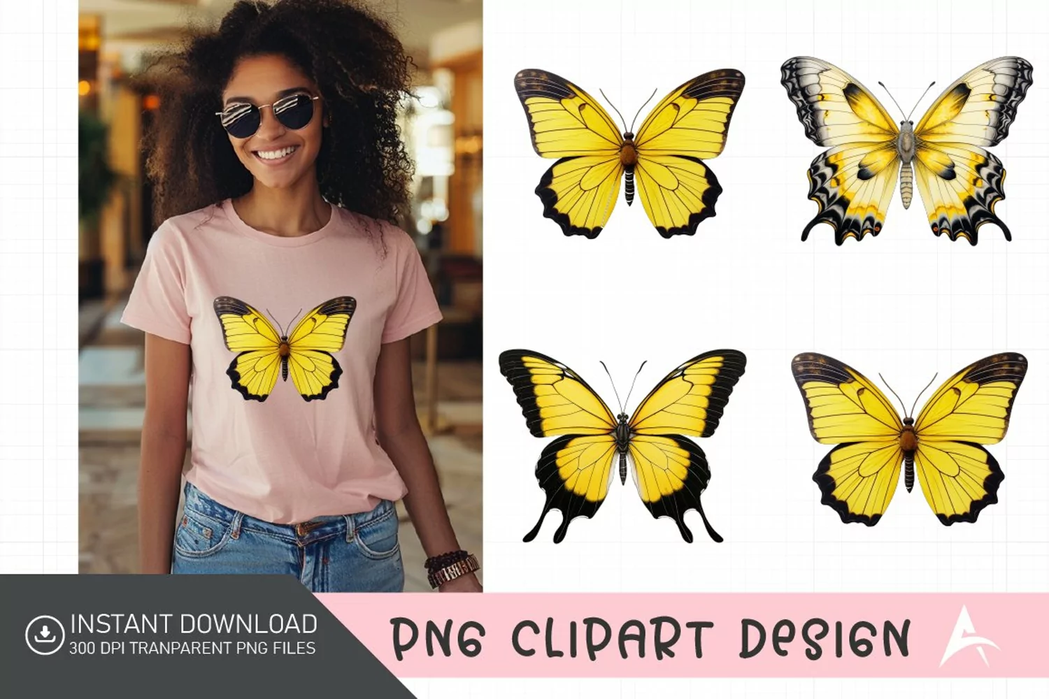 Watercolor Yellow Butterfly Floral Clipart product image 1
