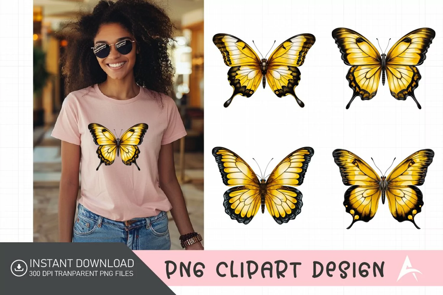 Watercolor Yellow Butterfly Floral Clipart product image 1