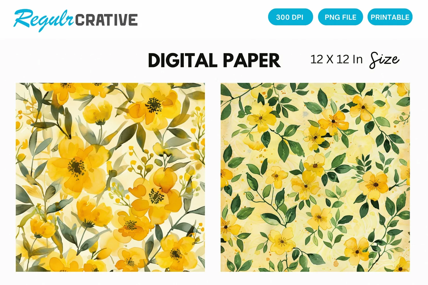 Watercolor Yellow Floral Digital Paper, Floral Background product image 1