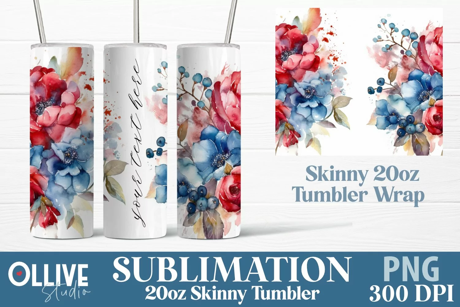 Watercolor Flowers Patriotic Tumbler Wrap Sublimation PNG product image 1