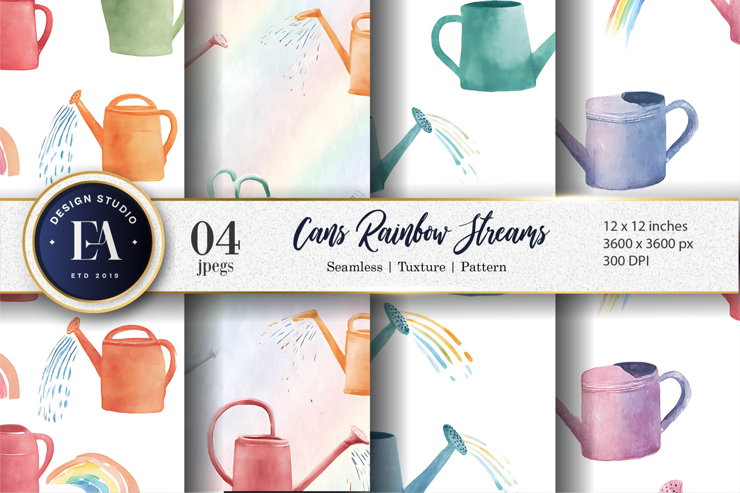 Watering Cans with Rainbow Streams Watercolor Digital Paper product image 1