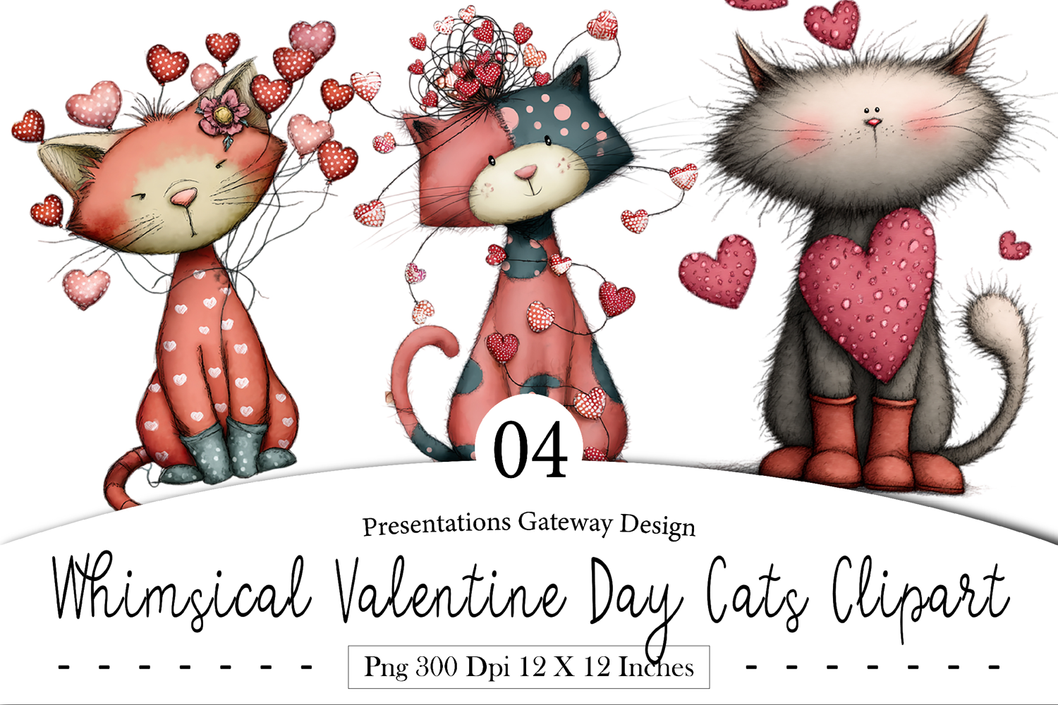 Whimsical Valentine Day Cats Clipart product image 1