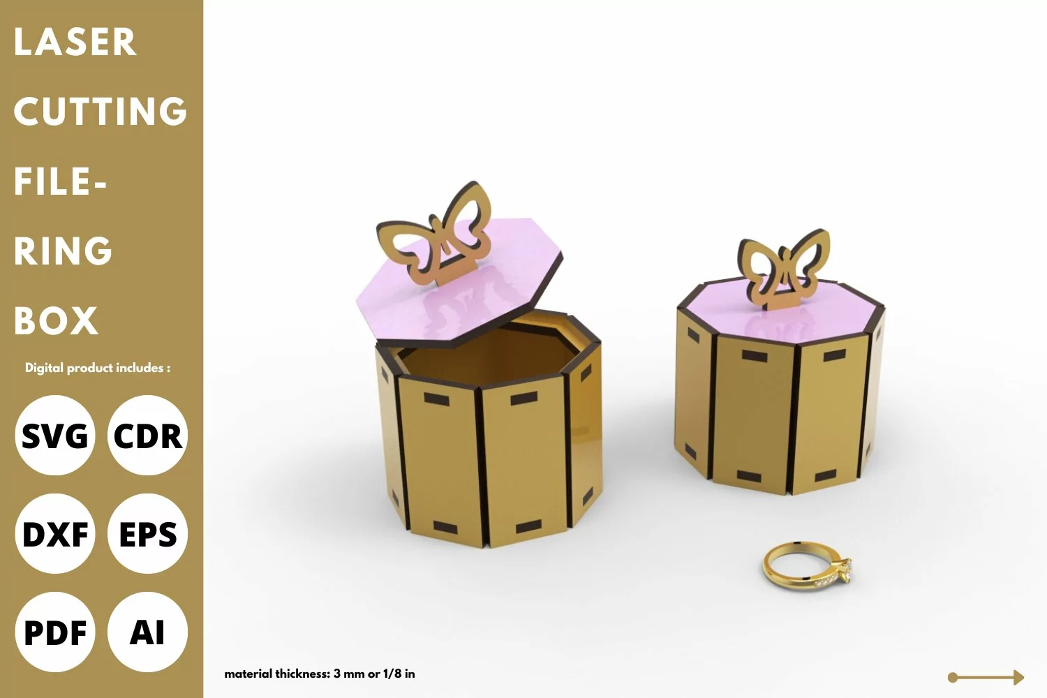 wedding octagon ring box with butterfly lid - svg laser cut product image 1