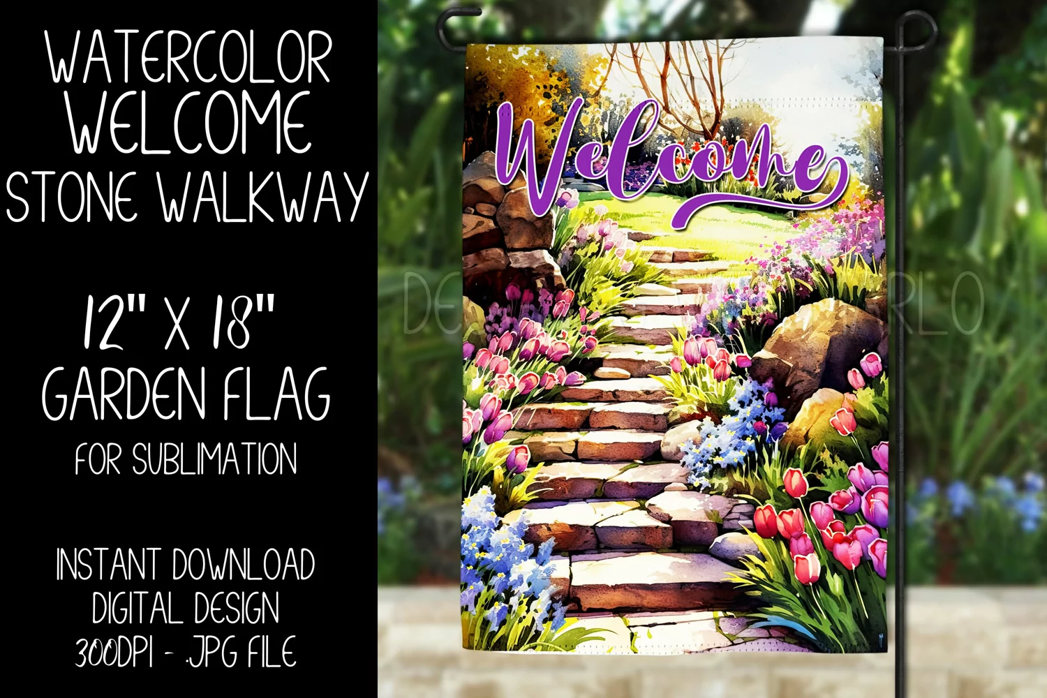 Welcome Garden Flag Sublimation Design, Spring Stone Walkway product image 1