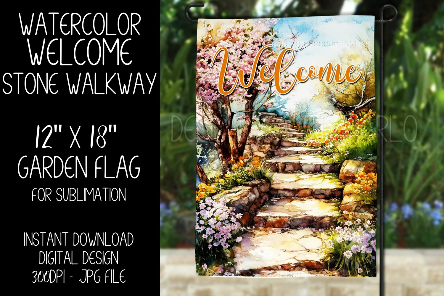 Welcome Garden Flag Sublimation Design, Spring Stone Walkway product image 1