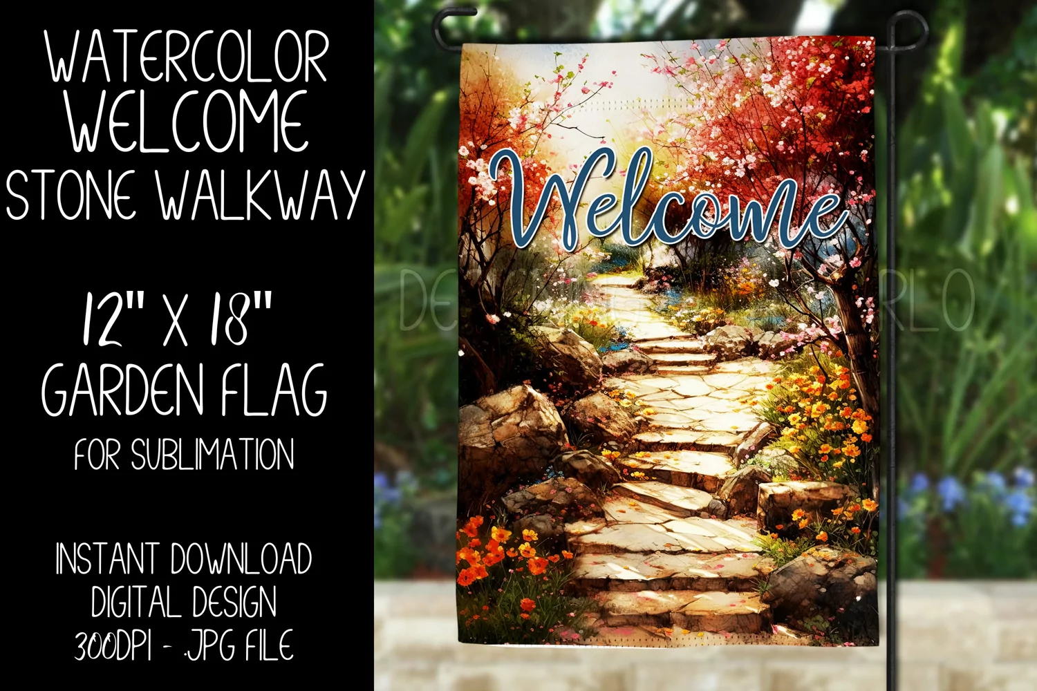 Welcome Garden Flag Sublimation Design, Spring Stone Walkway product image 1