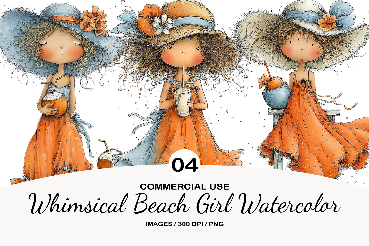 Whimsical Beach Girl Watercolor Clipart product image 1
