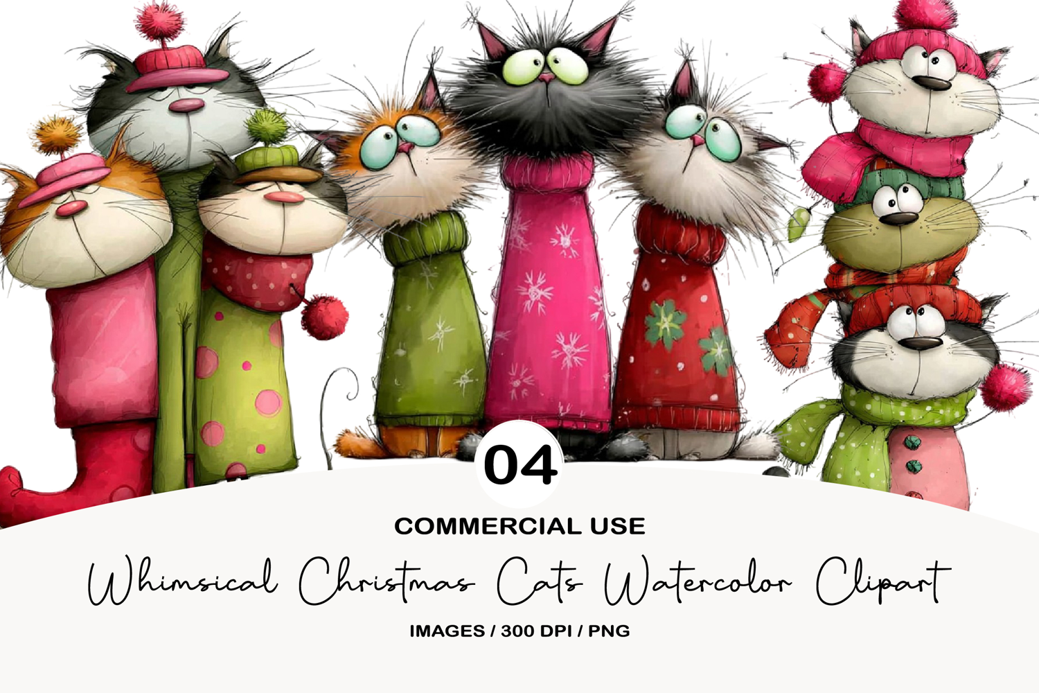 Whimsical Christmas Cats Watercolor Clipart product image 1