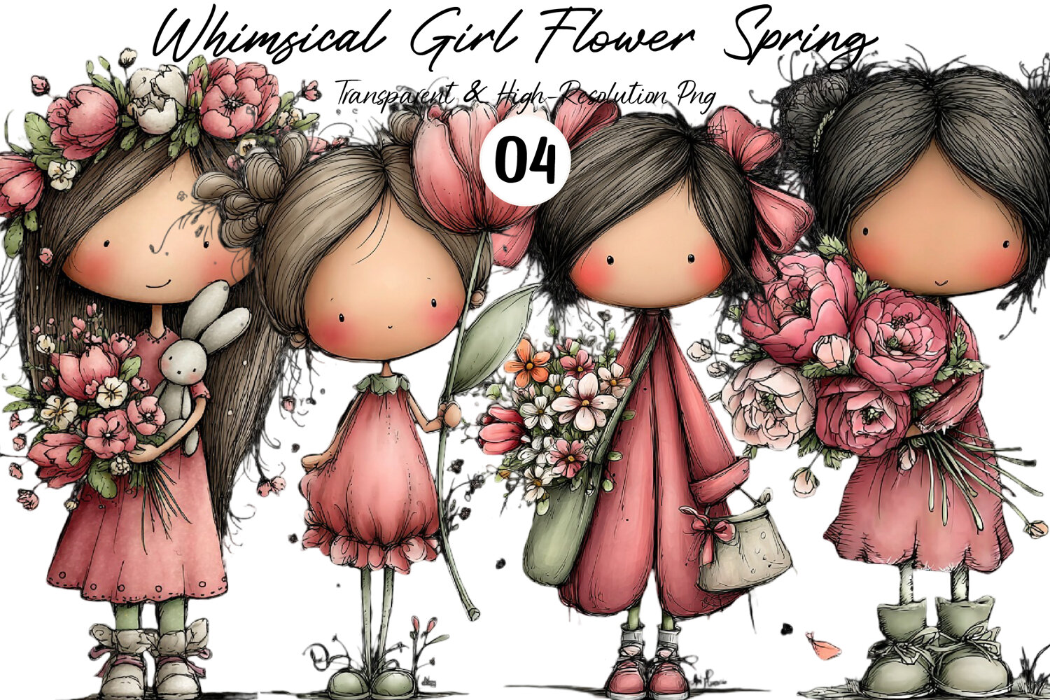 Whimsical Girl Flower Spring Clipart - Design Bundles