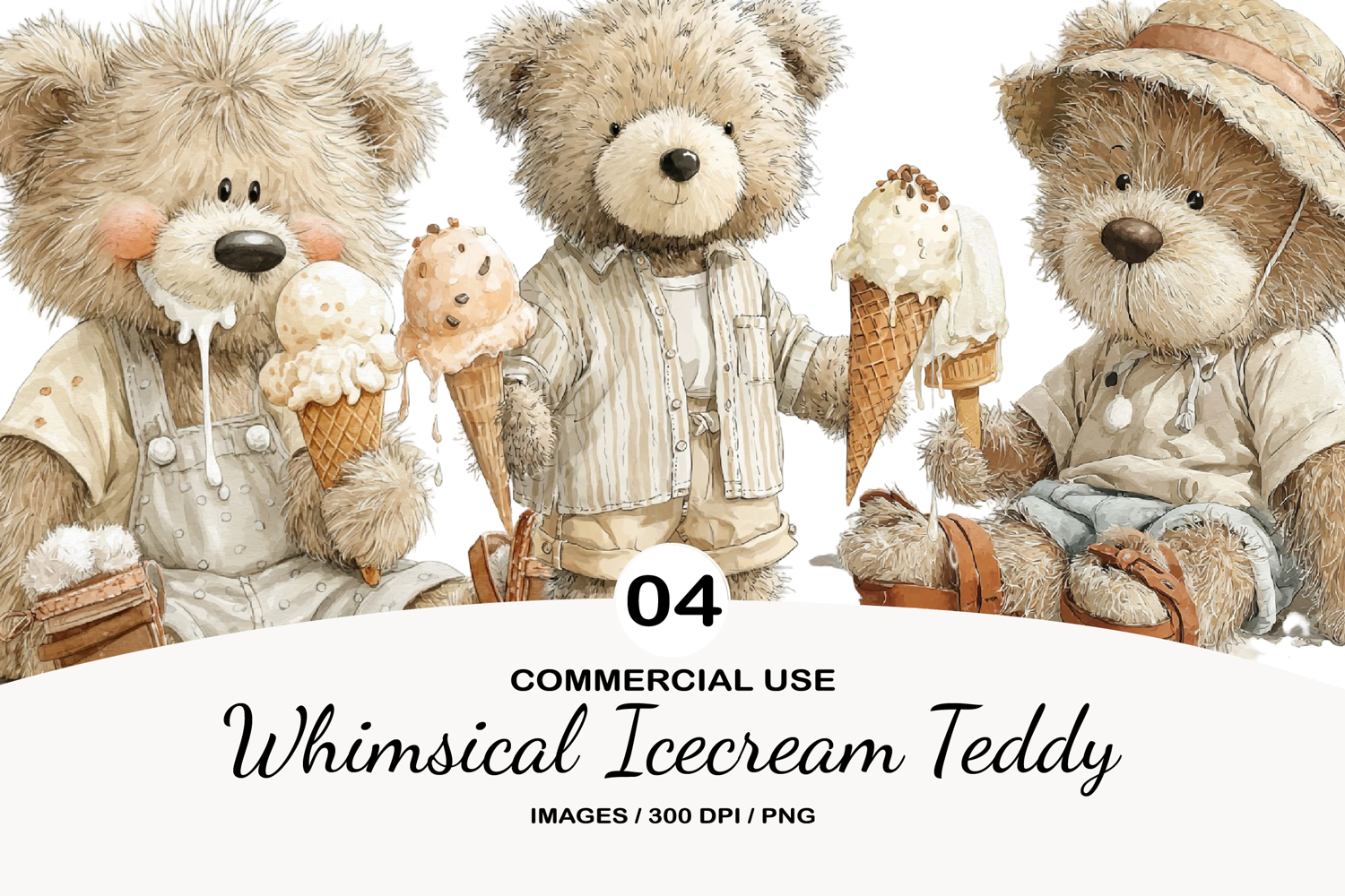 Whimsical Icecream Teddy Watercolor Clipart product image 1