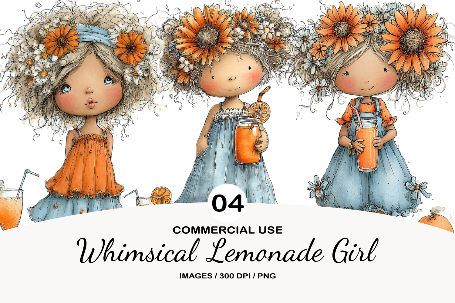 Whimsical Lemonade Girl Watercolor Clipart product image 1