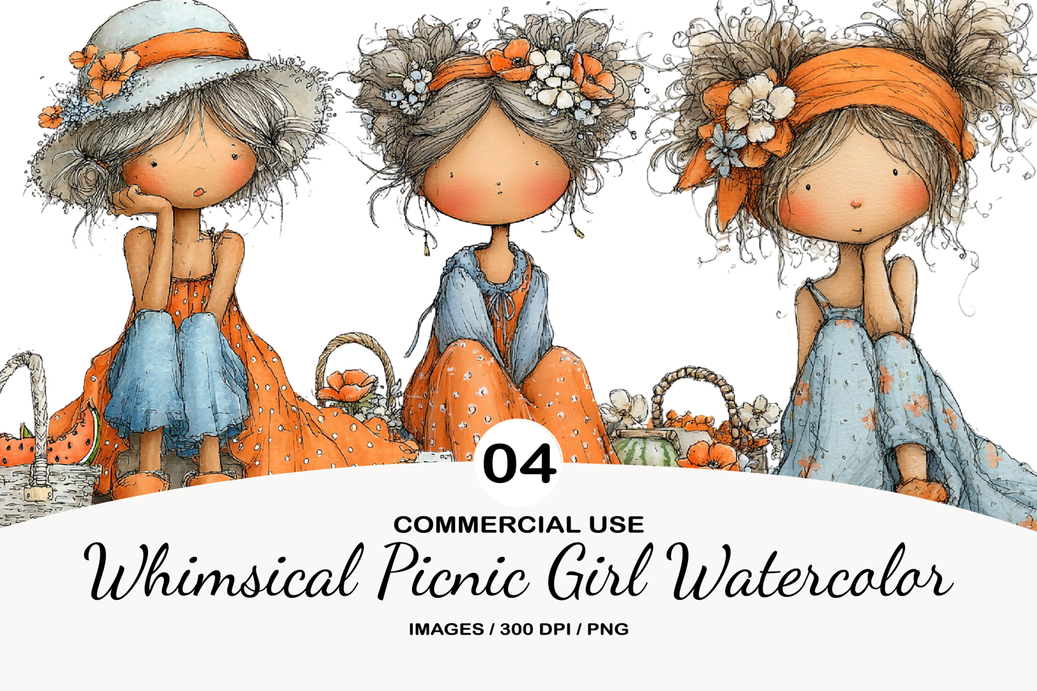Whimsical Picnic Girl Watercolor Clipart product image 1