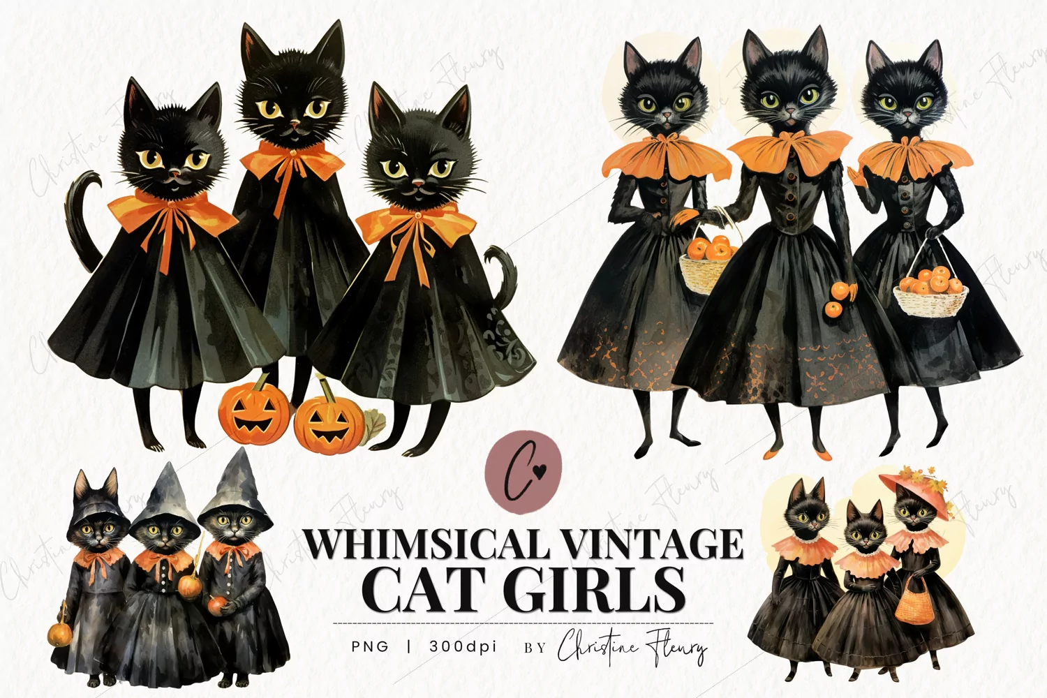 Whimsical Vintage Cat Girls Clipart product image 1
