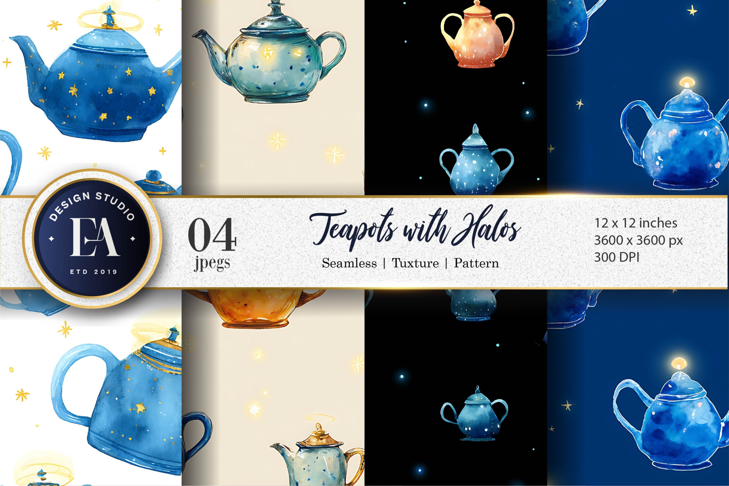 Watercolor Teapots with Glowing Halos Seamless Digital Paper product image 1
