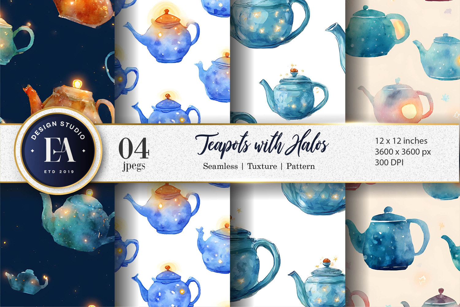 Hand-Painted Teapots with Halos Craft Digital Paper product image 1