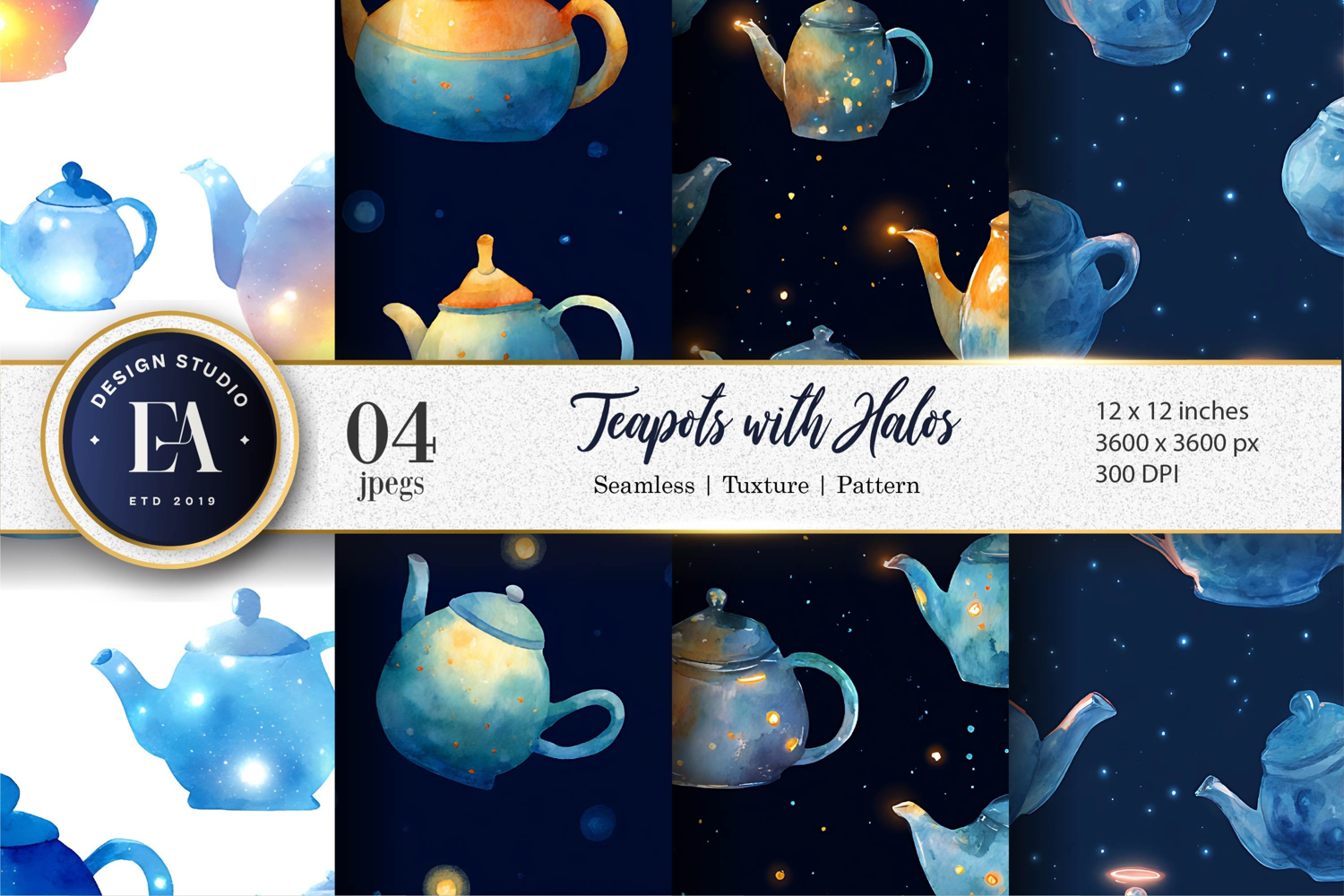 Hand-Painted Teapots with Halos Craft Digital Paper product image 1