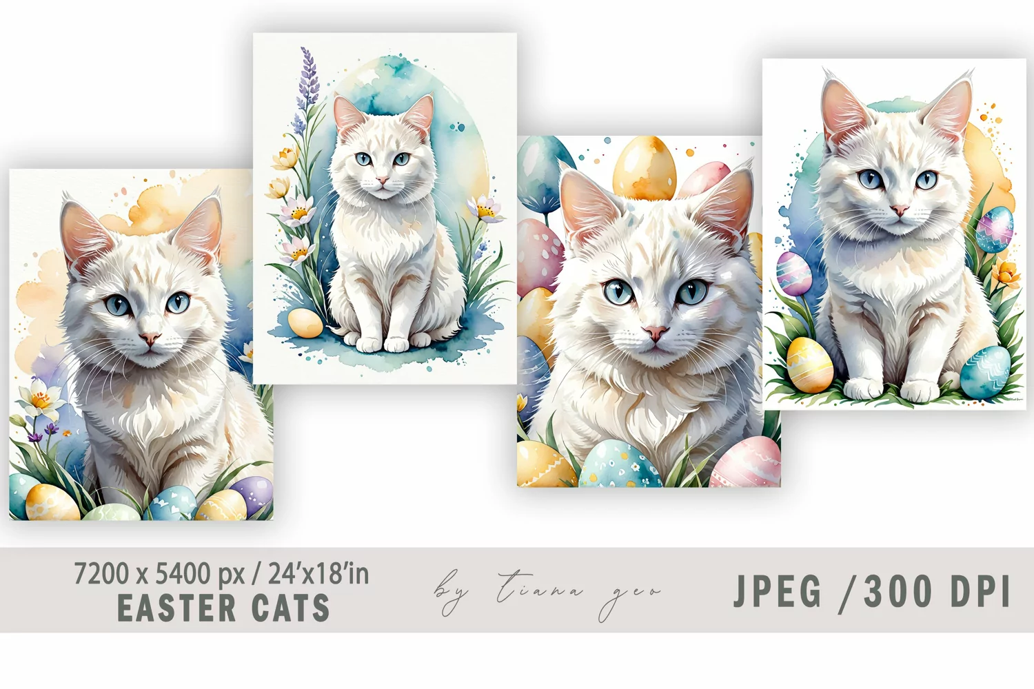 Cute watercolor Easter white cat illustration- 4 Jpeg product image 1