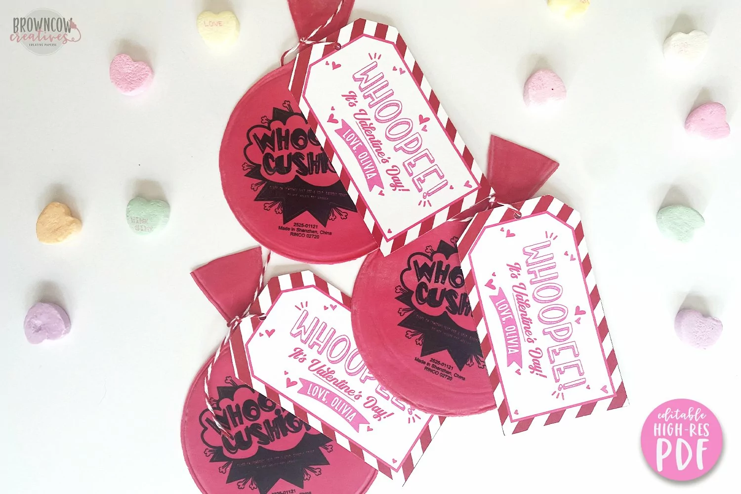 Whoopee It's Valentine's Day gift tags shown with mini whoopee cushions