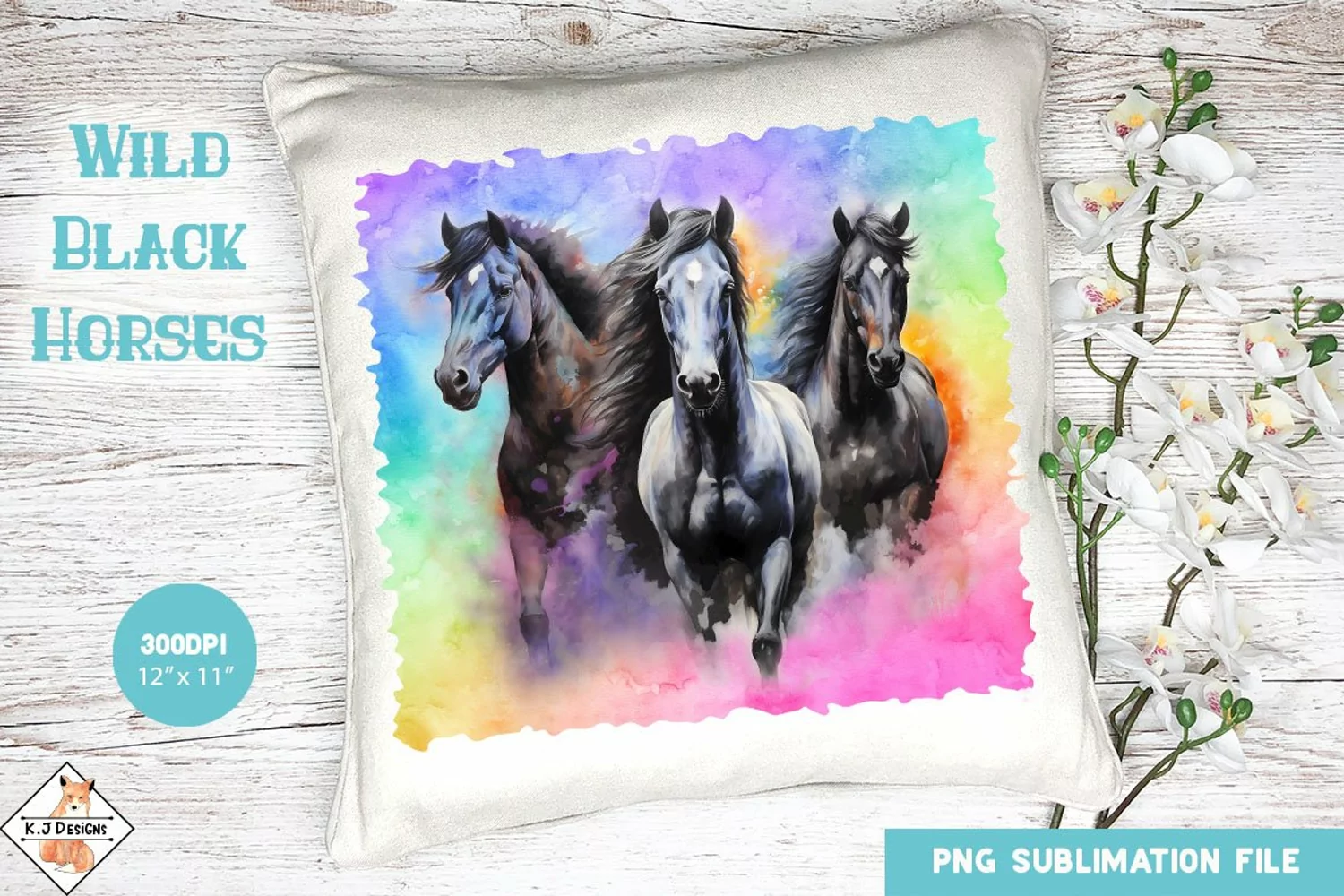 Wild Black Horses Sublimation Design | Rainbow Watercolor product image 1