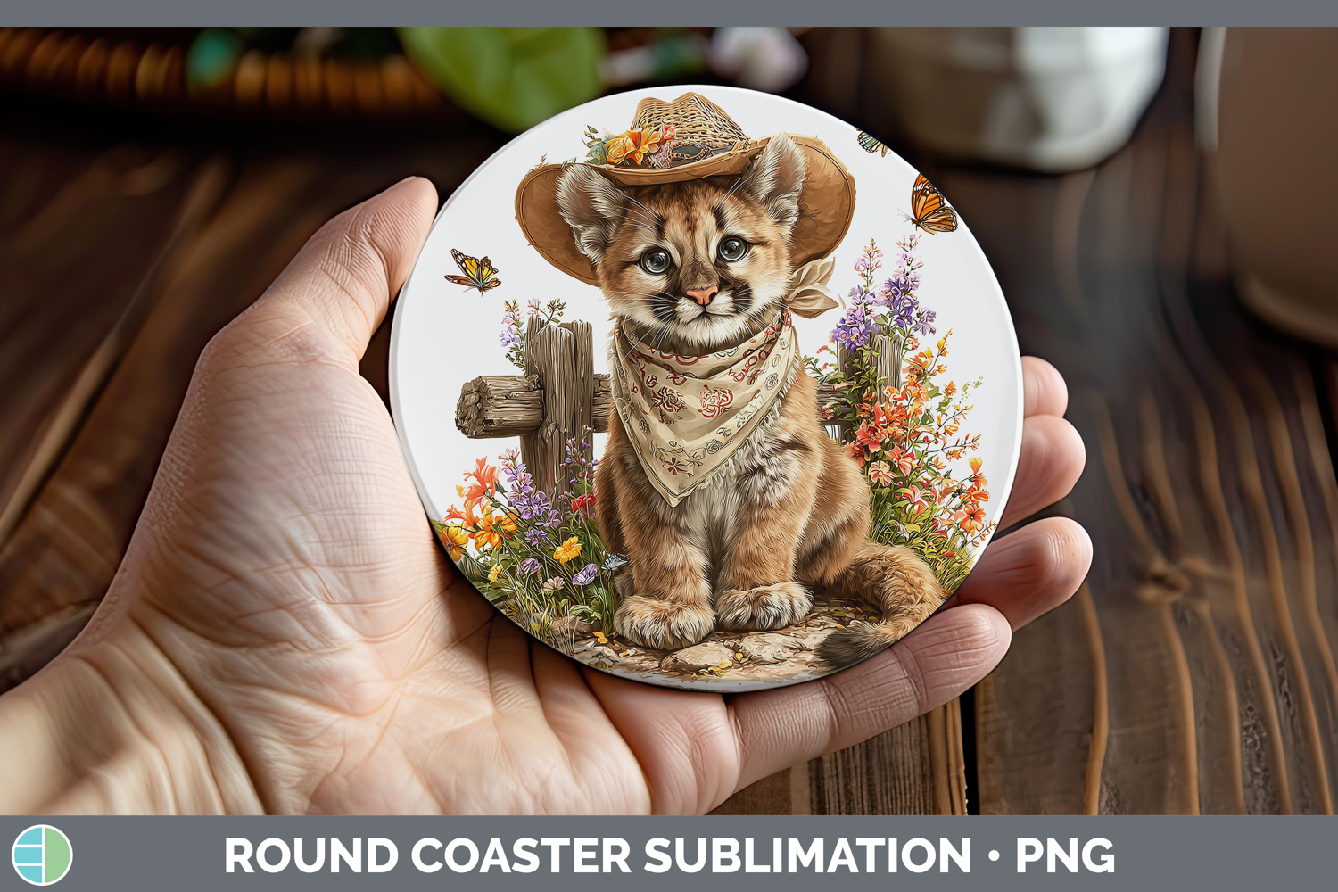 GorgeousWild Cats Bandana Summer Round Coaster design.