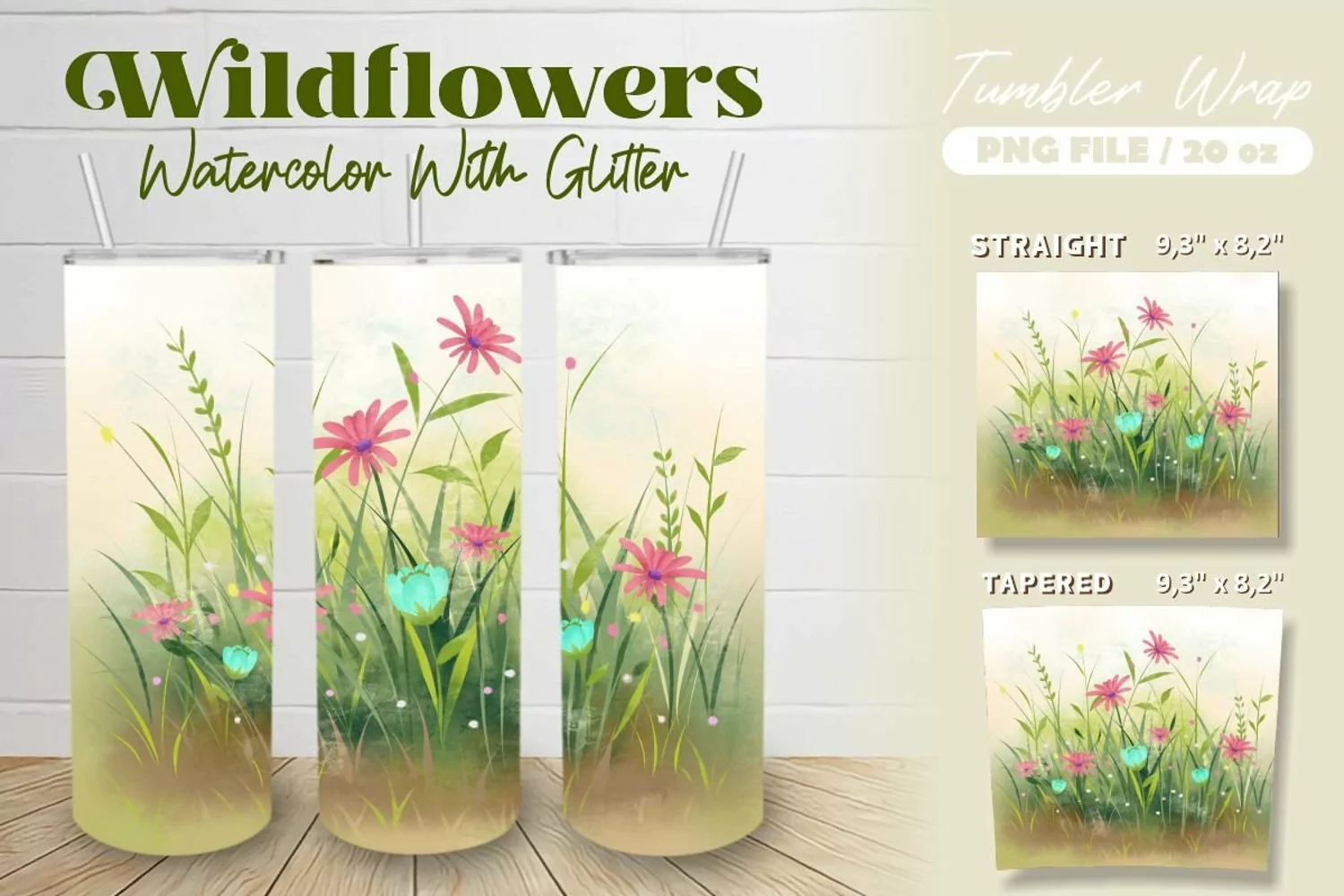Wildflowers Watercolor with Glitter Tumbler Wrap product image 1