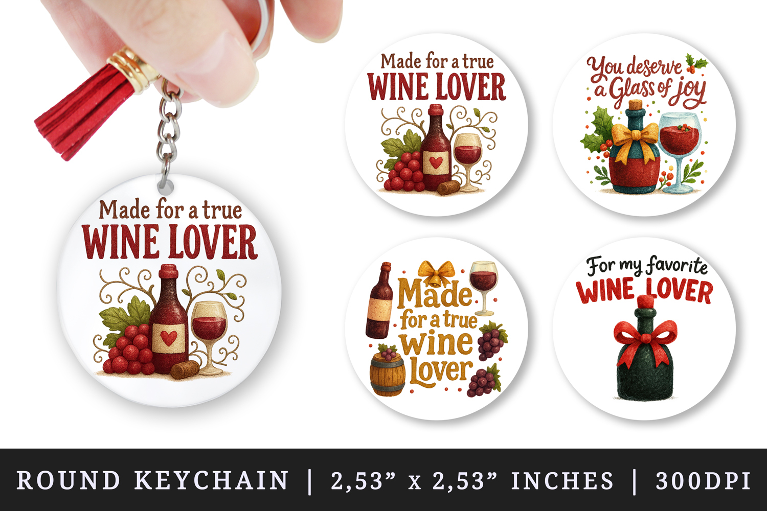 Wine Lover round keychain pintable sublimation design png product image 1