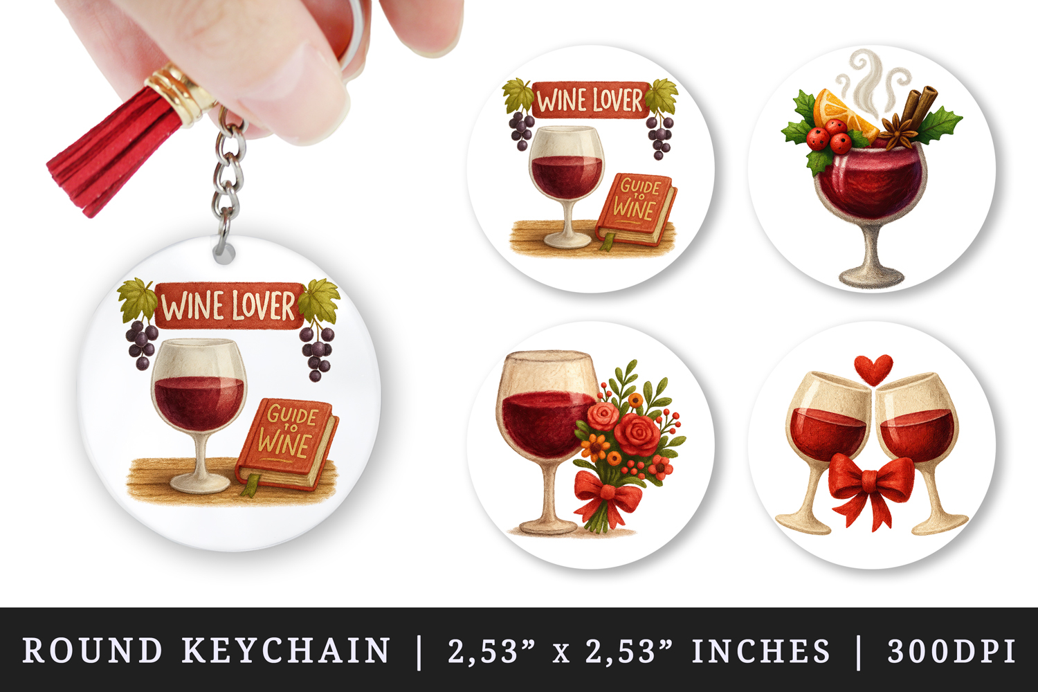 Wine Lover round keychain pintable sublimation design png product image 1