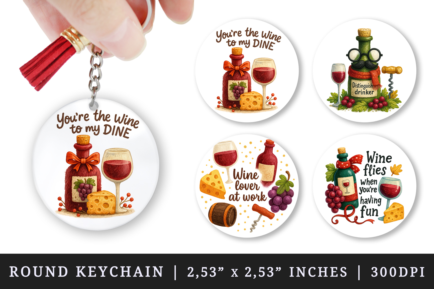 Wine Lover round keychain pintable sublimation design png product image 1