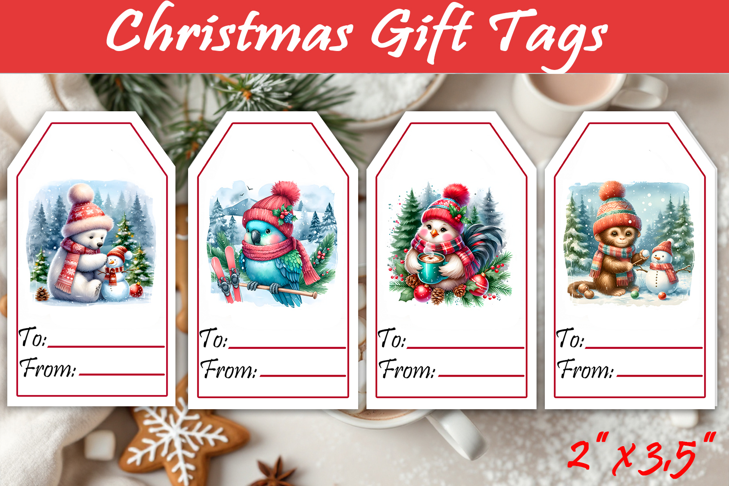 Christmas Gift Tags, Christmas labels, Christmas animals tag product image 1