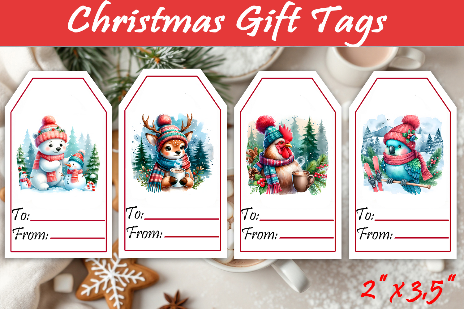 Christmas Gift Tags, Christmas labels, Christmas animals tag product image 1