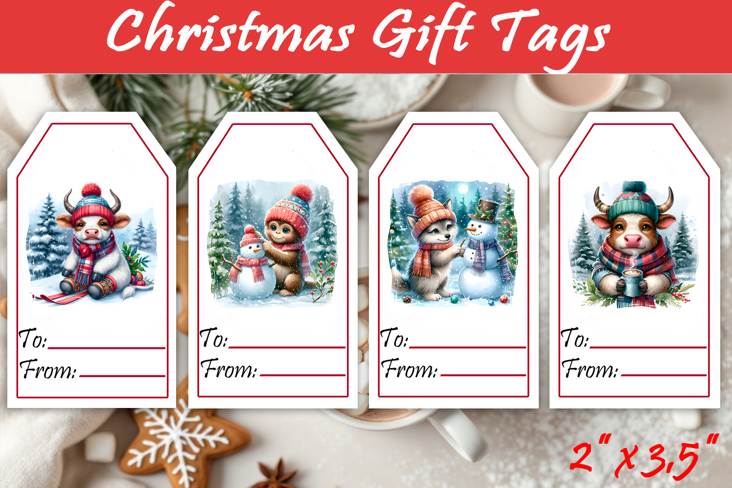 Christmas Gift Tags, Christmas labels, Christmas animals tag product image 1