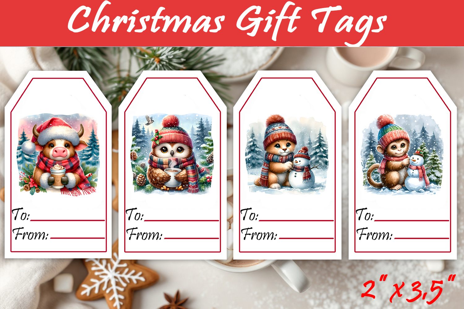 Christmas Gift Tags, Christmas labels, Christmas animals tag product image 1