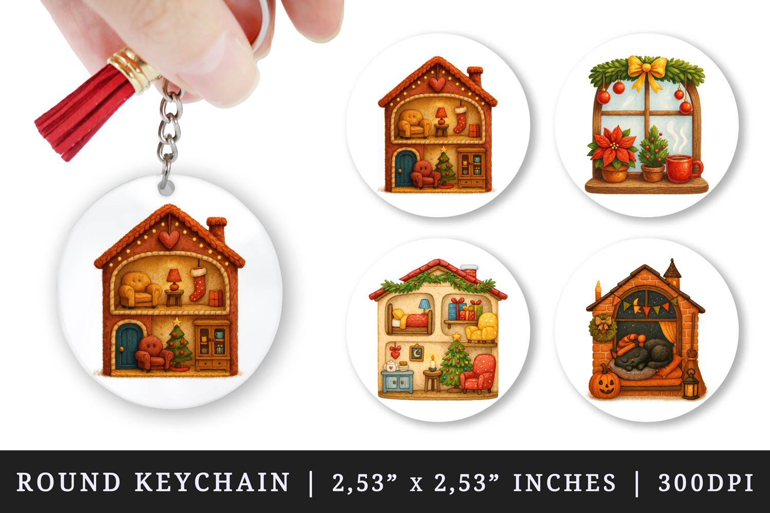 Winter Cute House round keychain pintable sublimation design product image 1